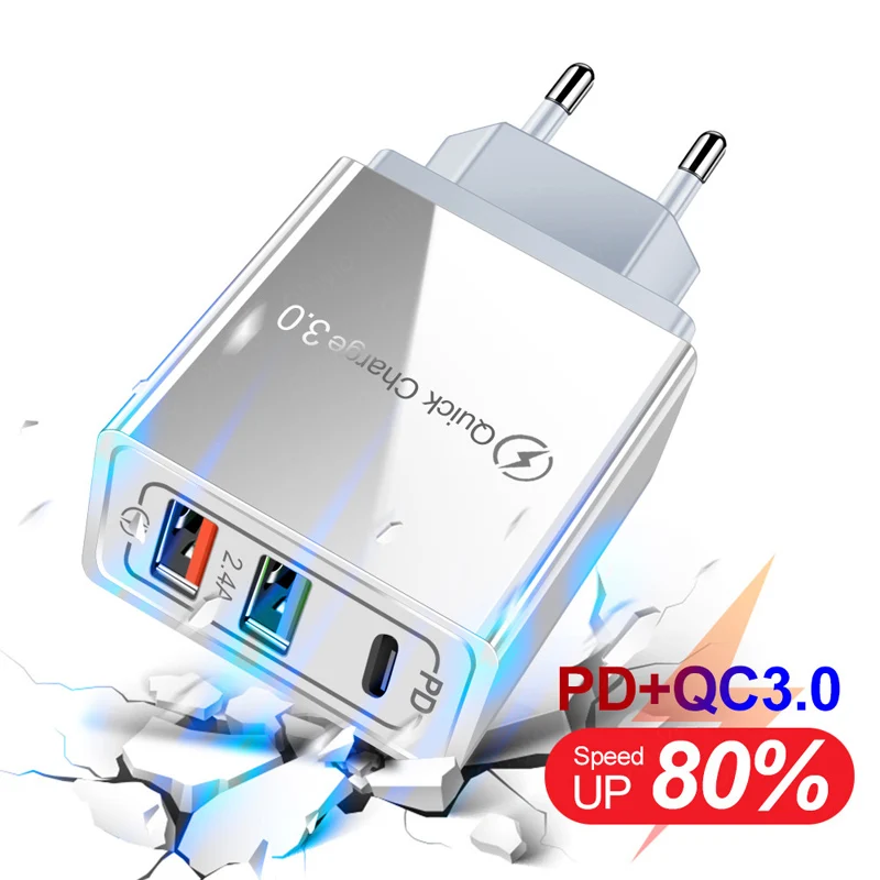 

New PD18W+QC3.0 USB Fast Charger Multi-port USB With PD Charging Head For Samsung S21 A82 A52 Xiaomi 11 10 Ultra Phone Charger