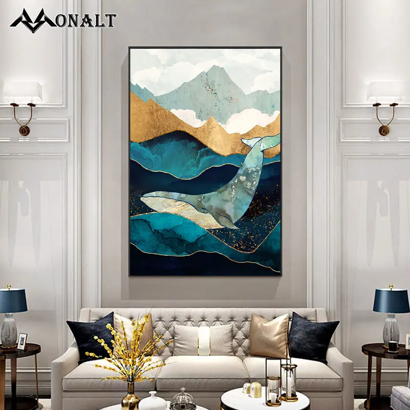 Картина на холсте с изображением синего и золотого Кита Постер животных пейзаж