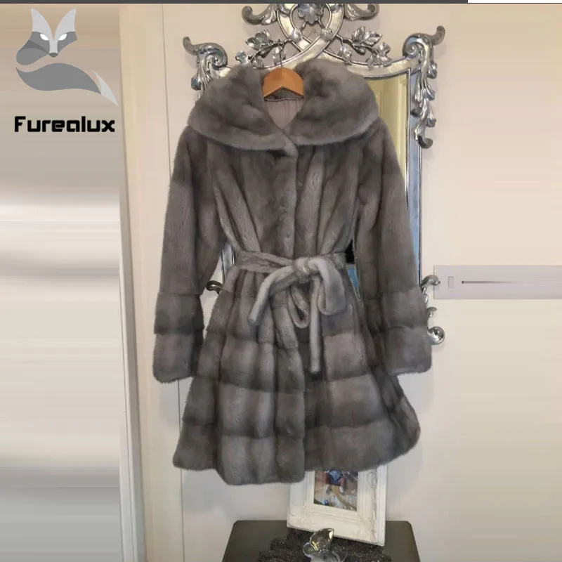 Женская Шуба из натуральной норки Furealux зимняя куртка с капюшоном и тонким поясом