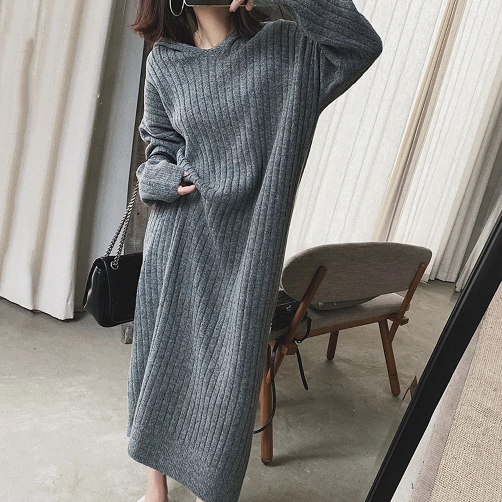 Autumn And Winter Dress New Women's Lazy Style Hooded Loose Knit Stretch Was Thinner Long Sweater Thicken Stripe Dresses | Женская