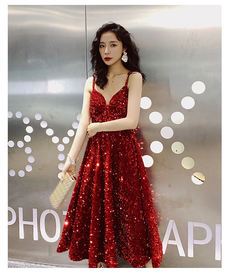 AE552 Prom Dresses Long New V-Neck Sleeveless A-line Sequined Wedding Guest Gowns Vestido De Gala