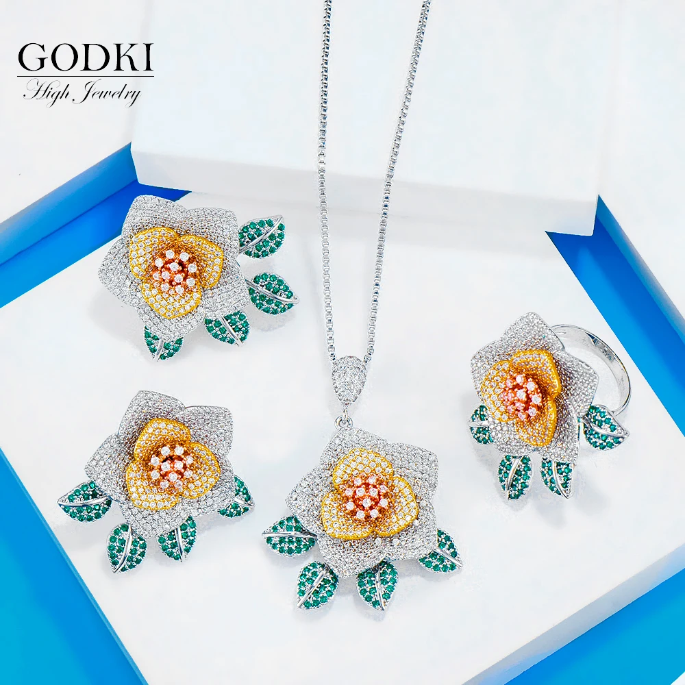 GODKI  Luxury Flower Necklace Earring Sets Cubic Zircon Crystal CZ Jewelry Set For Women Wedding Indian Dubai Bridal Jewelry Set