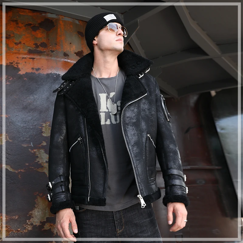 

JCHB 2021 Fashion Men's Fur Coat Natural Sheep Shearling Motorcycle Leather Jacket Short Men Clothing Winter Chaquetas Hombre P