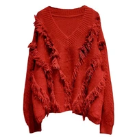 womens loose v neck long sleeve knitted sweater with skew tassel stripes