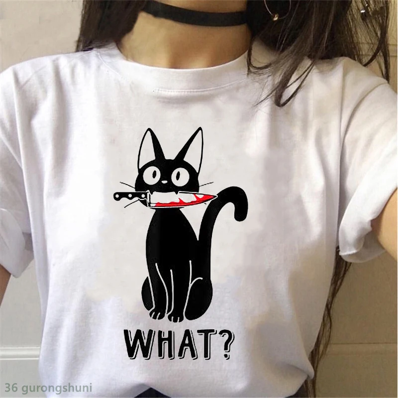 

Fashion new Halloween women t-shirt Cat What-Murderous Black Cat With Knife Halloween tshirt cute harajuku t shirt femme tops