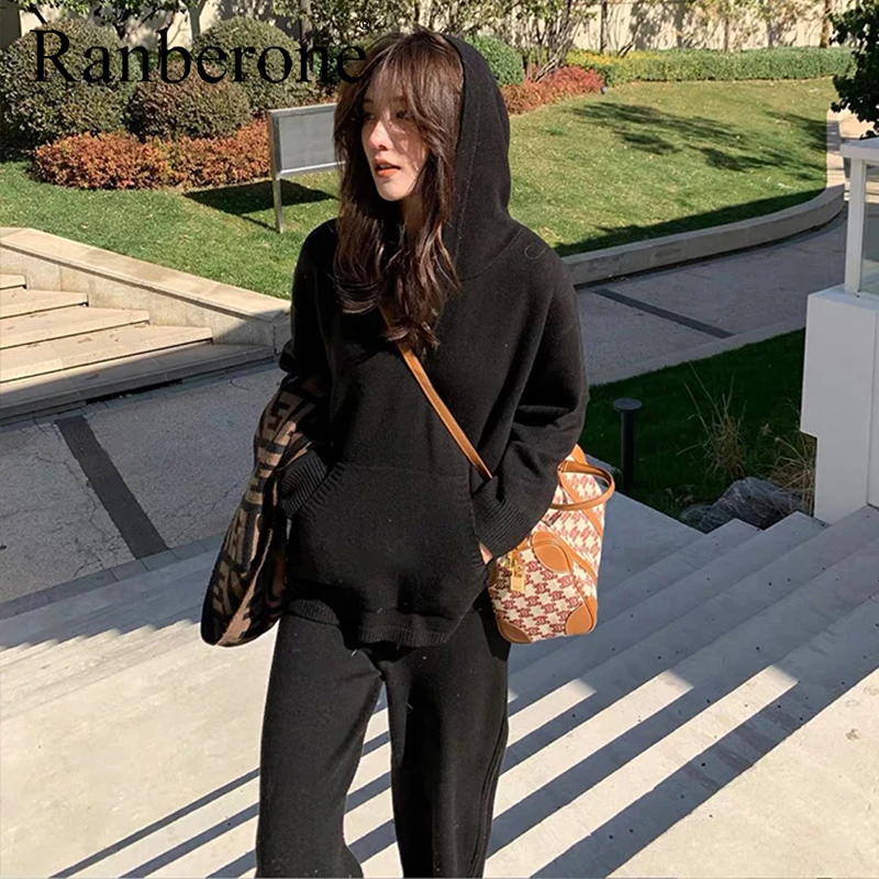 Ranberone Sport Suit Female V-neck Sweater+Wide Leg Trousers Women's Tracksuit Autumn Winter Two Piece Suit Fitness Sportswear