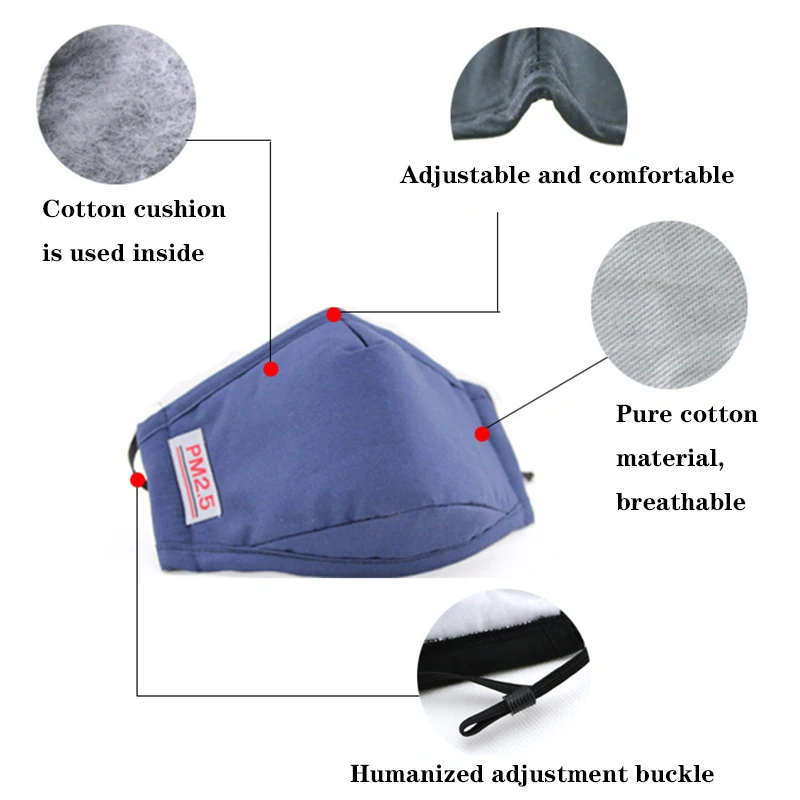 

Unisex PM2.5 Cotton Face Masks with Filters Reusable Washable Dustproof Windproof Anti Smog Breathable Cycling Camp Mouth Masks