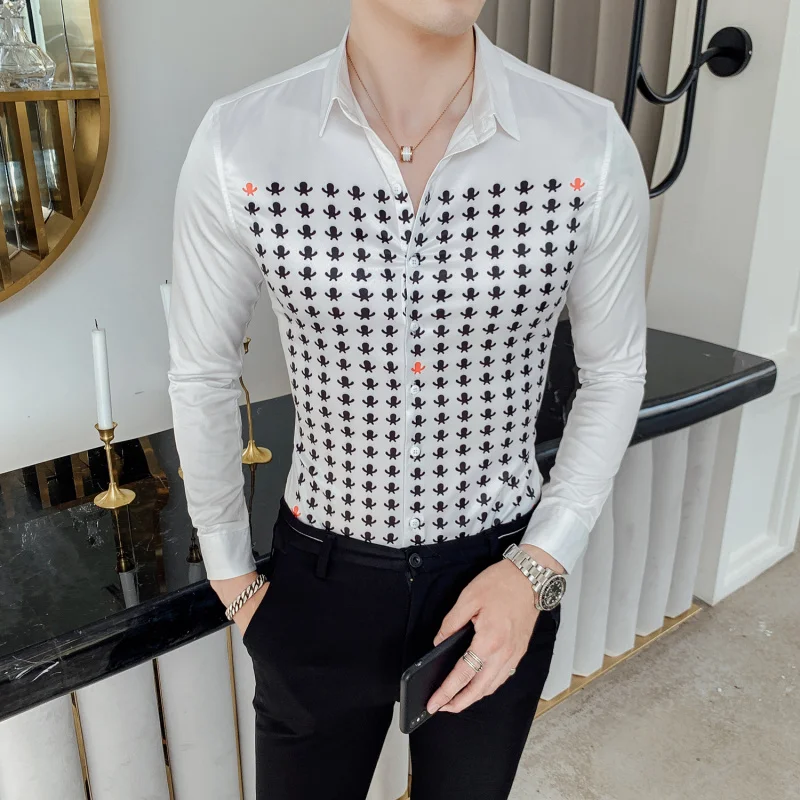 

Camisa Masculina Autumn Men Shirt Personality Print Long Sleeve Shirts For Men Luxury Night Club Tuxedo Dress Camisa Hombre