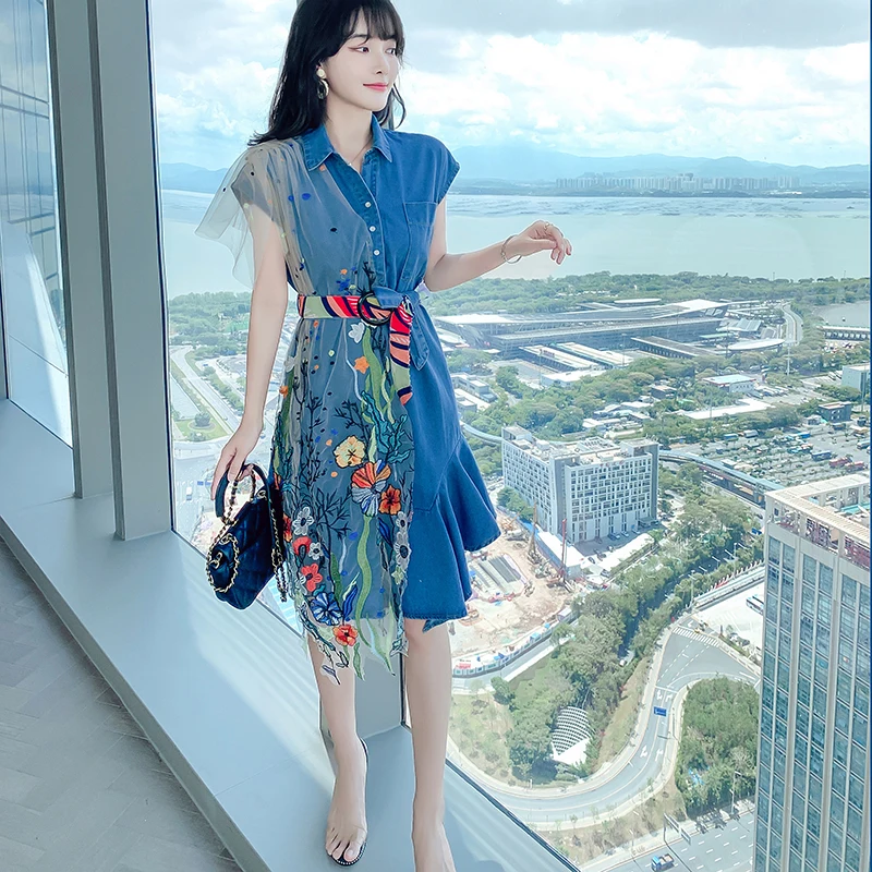 

French Retro Mesh Stitching Denim Dress Women's 2021 Summer Korean Fashion Women's Clothing