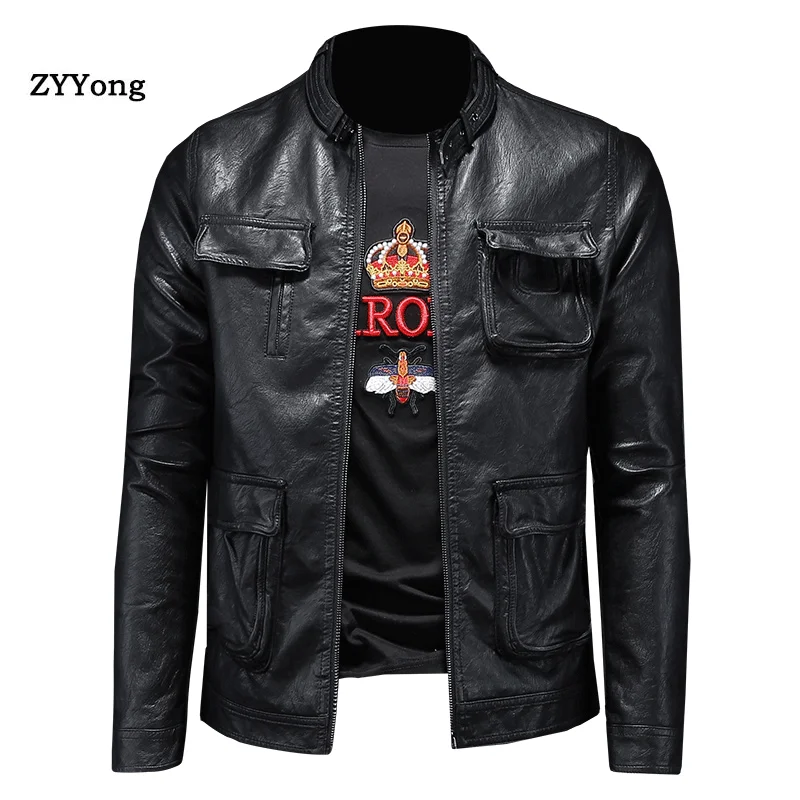 2020 Men Spring Motorcycle Casual Vintage Leather Jacket Coat Men Outfit Fashion Zipper Pocket Design PU Cool Leather Jacket