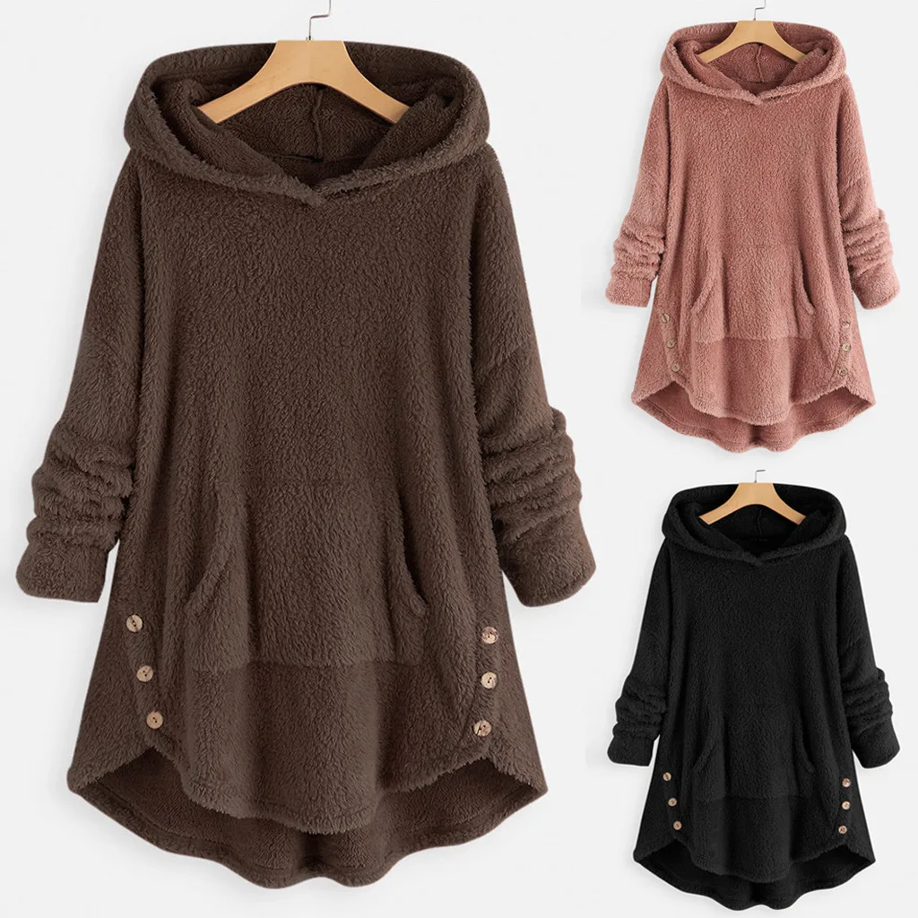 Fad Women Hoodies Asymmetrical Button Fleece Size Hem Plus  Hoodie Clothes Winter Oversized Hoodie Sweatshirt