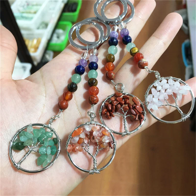 

Wholesale women bag keychain pendant key ring chaveiro 7 chakra crystal natural gemstone life tree multicolor