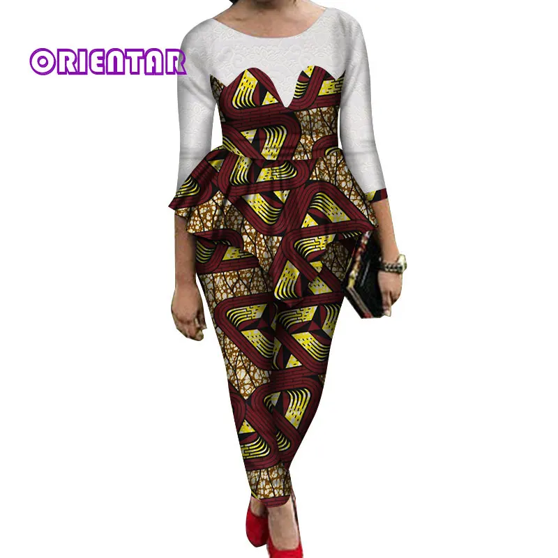 9 2 Pieces Sets Women African Pants Sets African Wax Print Long Sleeve Lace Tops and Pants Women Bazin Riche African Suits WY689 - Цвет: 9