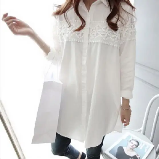Корейские кружевные лоскутные миди свободные блузки элегантная белая одежда с