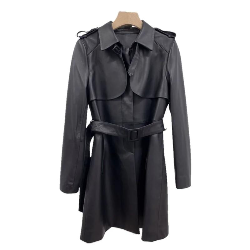2022 new women genuine leather jacket girl female real sheepskin long coat trench overcoats