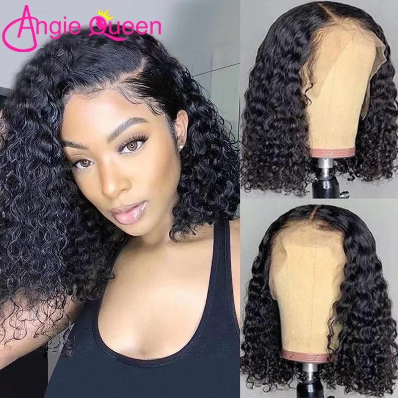 ANGIE QUEEN Deep Wave Short Bob Lace Frontal Wig Brazilian Remy Hair Natural Color 13x4 T Part Lace Human Hair Wigs For Women