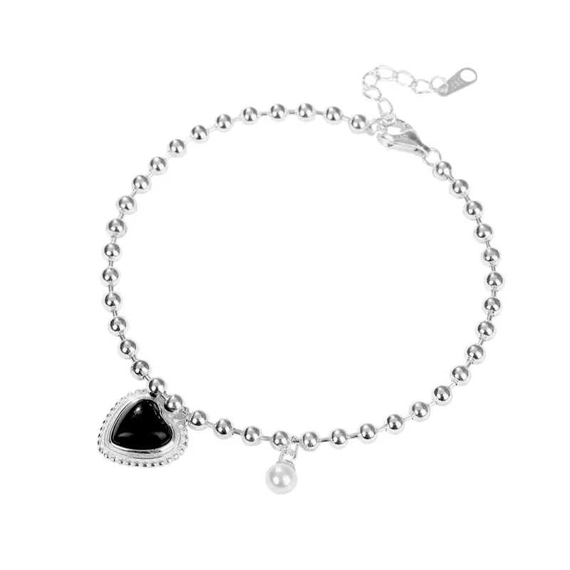 

Heart Shaped Black Agate s925 Silver Round Beads Bracelet Bijoux Minimalism Bangles Vintage Bohemian Joyas Silver Women Bangles
