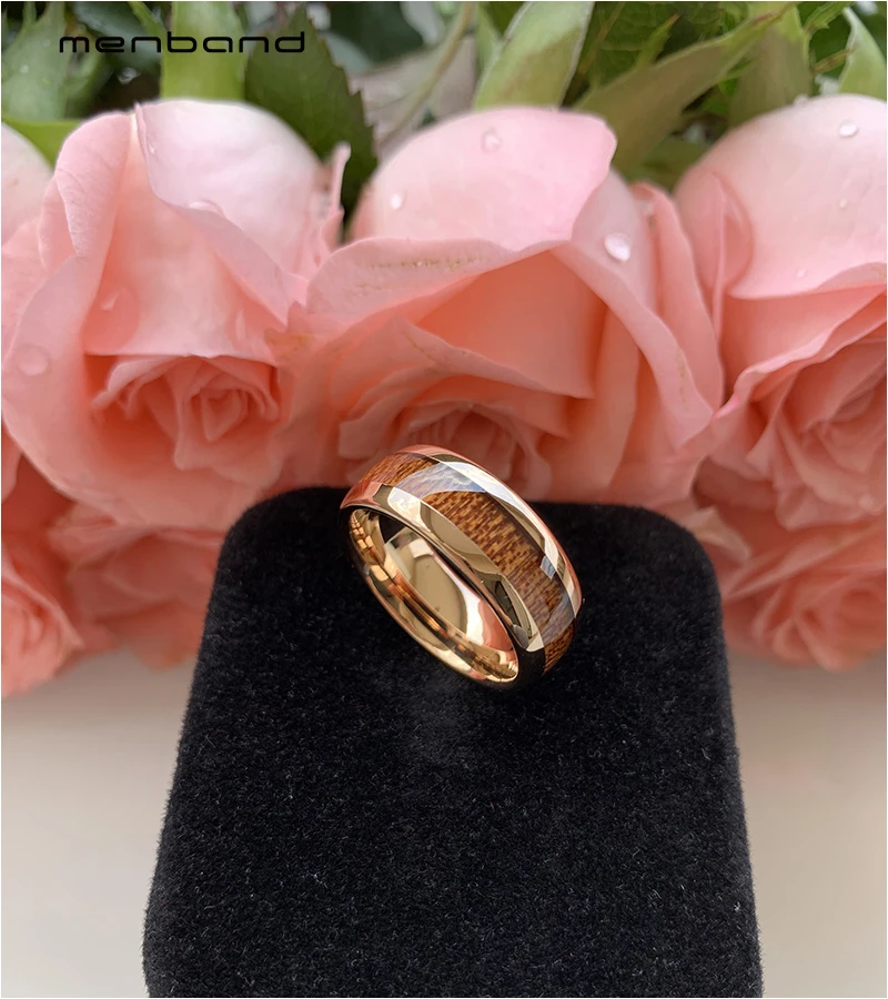 Rose Gold Tungsten Ring Wedding Band For Men Women With Koa Wood Inlay Domed Polished Comfort Fit 8MM | Украшения и аксессуары