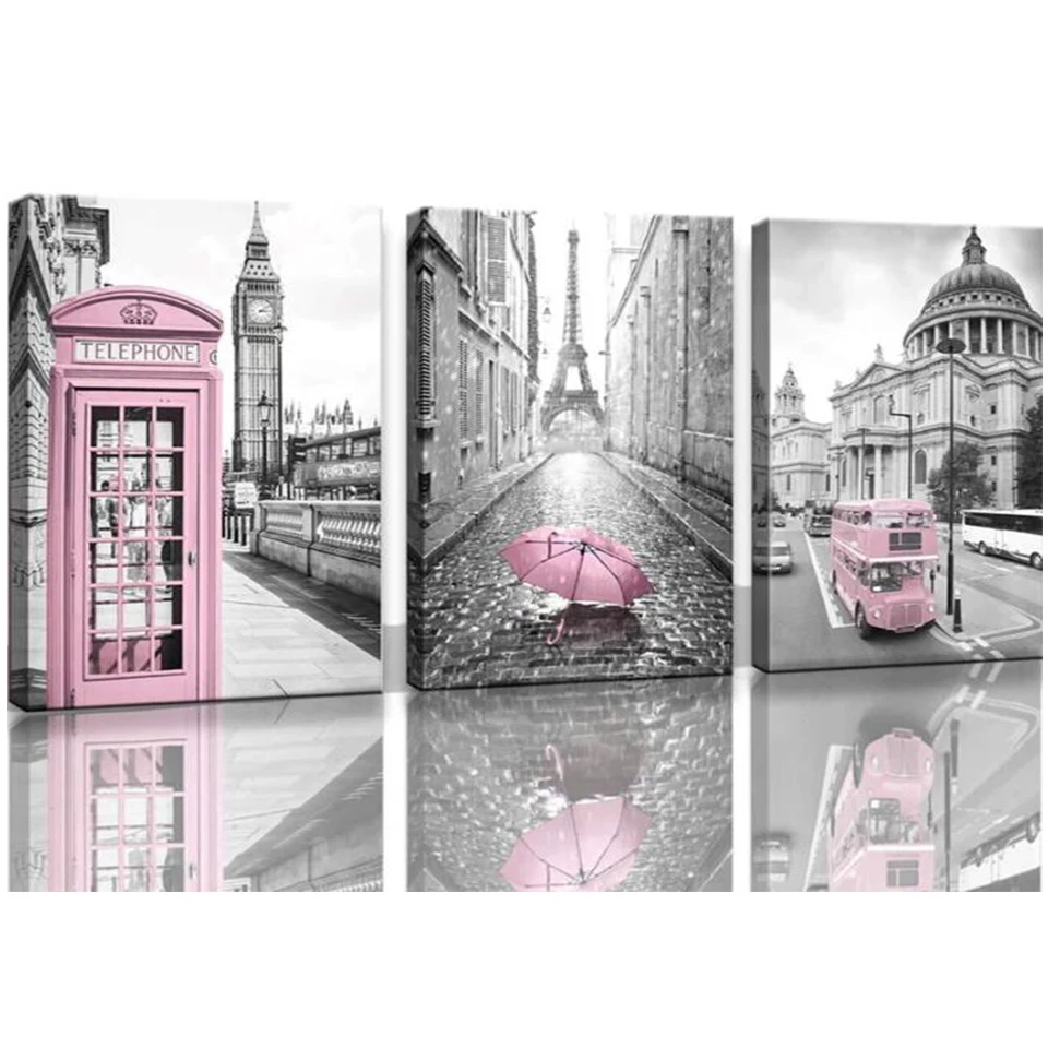 

3 Piece Pink Theme Bus and Umbrella City Diamond embroidery Diamond Painting Mosaic Triptych 5d Picture Landscape Art N1470