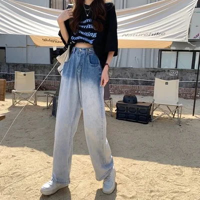 

water gradient Real pat wash straight tube thin jeans women's high waist trousers belt 2021 women jeans