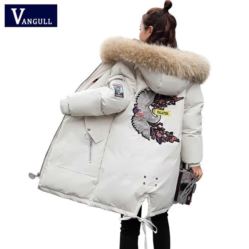 Vangull/новые зимние пальто куртки для женщин парки с вышивкой птиц меховая куртка