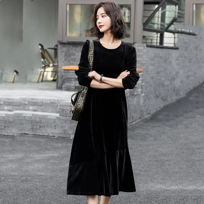 Модное весеннее женское бархатное платье с длинным рукавом Осеннее вечернее