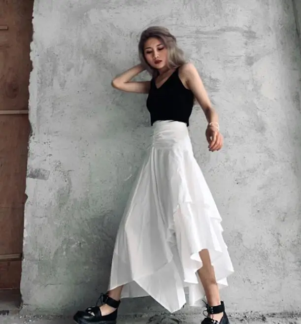 

Spring summer women's runway fashion white medium long skirt female sexy fashion high waist irregular white skirt TB944