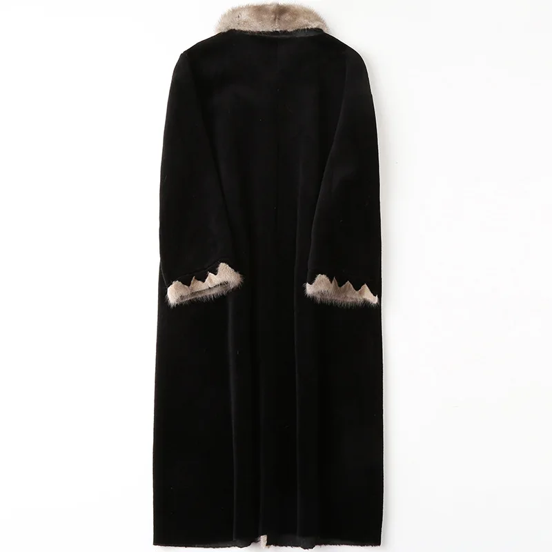Fashion Mink Collar Coat Sheepskin Black Winter Luxury Long Loose Thick Warm Real Fur Office Wool Overcoat High Quality Outwear
