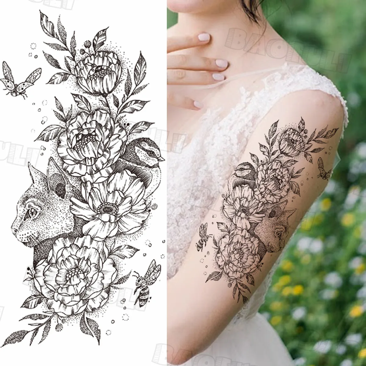 Реалистичные Птица с рисунком кота и цветочным принтом временные татуировки для