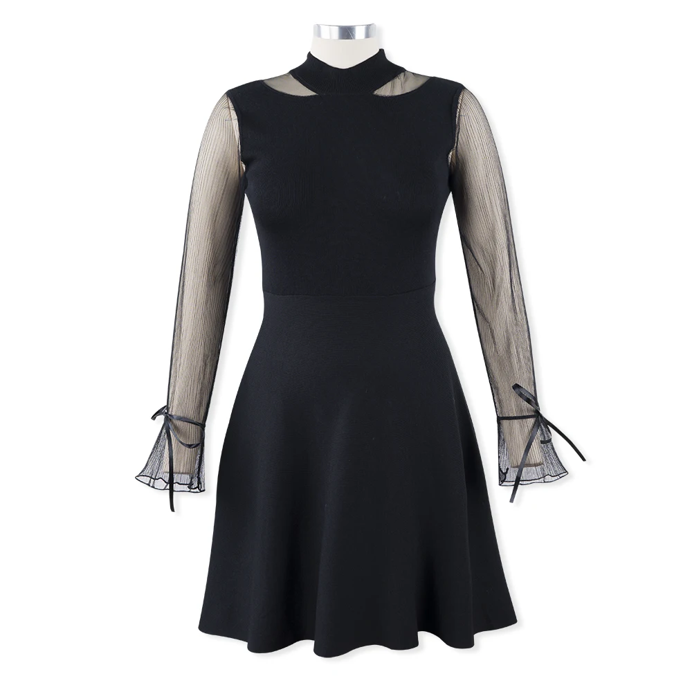 

Neatie kiddie Sexy Mesh Long Sleeve A-line Dress Fashion Solid Hign Waist Slim O-neck Mini Dresses Vestidos Ladies Clothes 2019