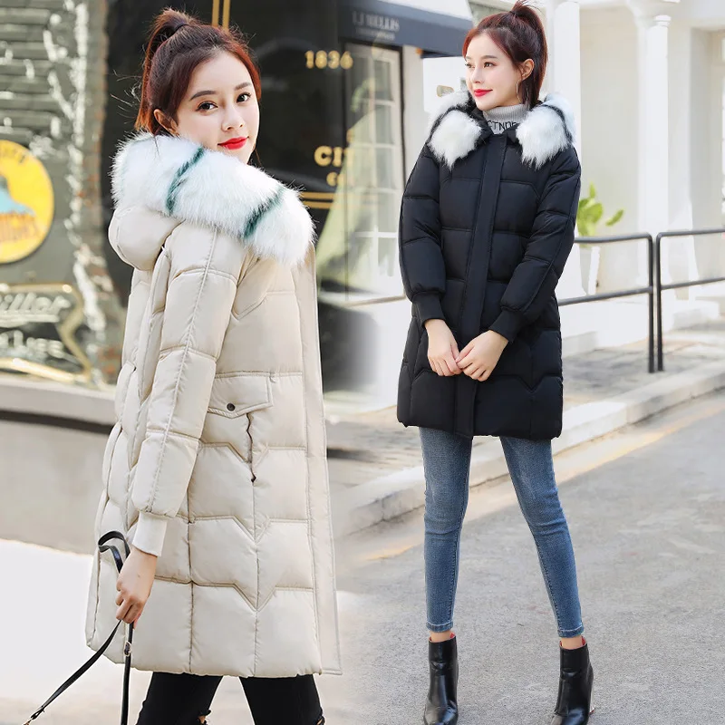 Женская длинная куртка с меховым воротником Зимняя парка размера плюс теплый