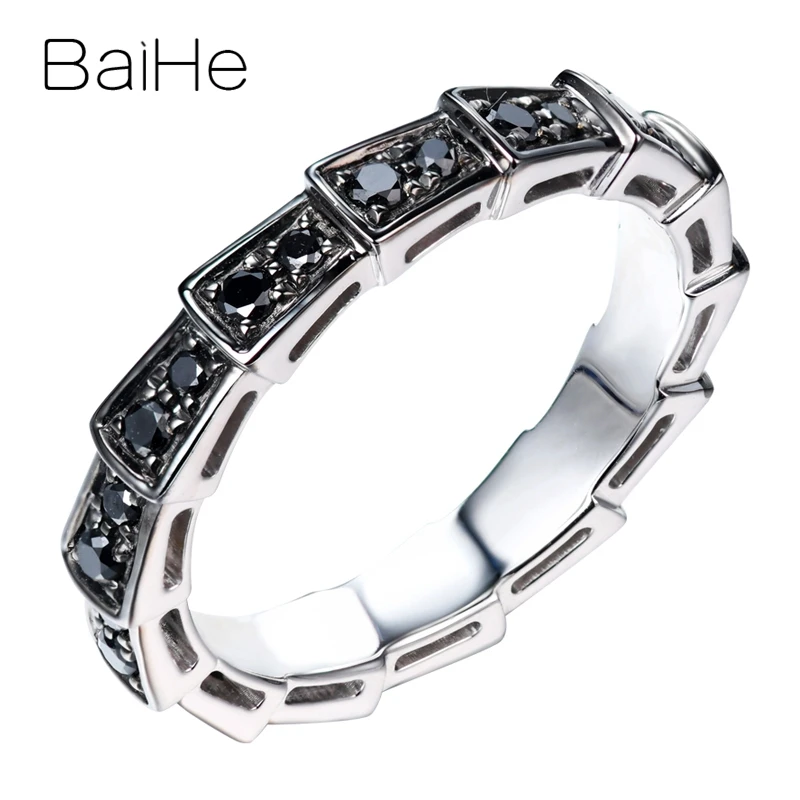 White Black Gold BAIHE Solid 14K белое золото+ черное золото Сертифицированный круглый вырез около 0.39ct натуральные черные Алмазы обручальные свадебные женские кольца мужское кольцо красивые и элегантные модные тонкие украшения в подарок паре кольцо - Цвет камня: White Black Gold