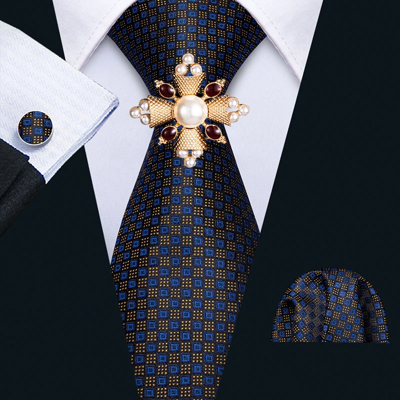 

2020 Men Tie Navy Geometric Silk Tie 3.4" Jacquard Party Wedding Woven Fashion Designers Necktie Brooch Set For Men N-5132
