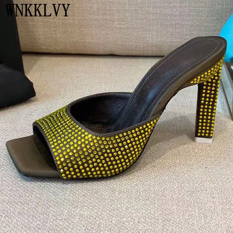 

Bling bling high heel slippers women square toe peep toe crystal glittery sequins sandals summer party dress shoes pumps 2021