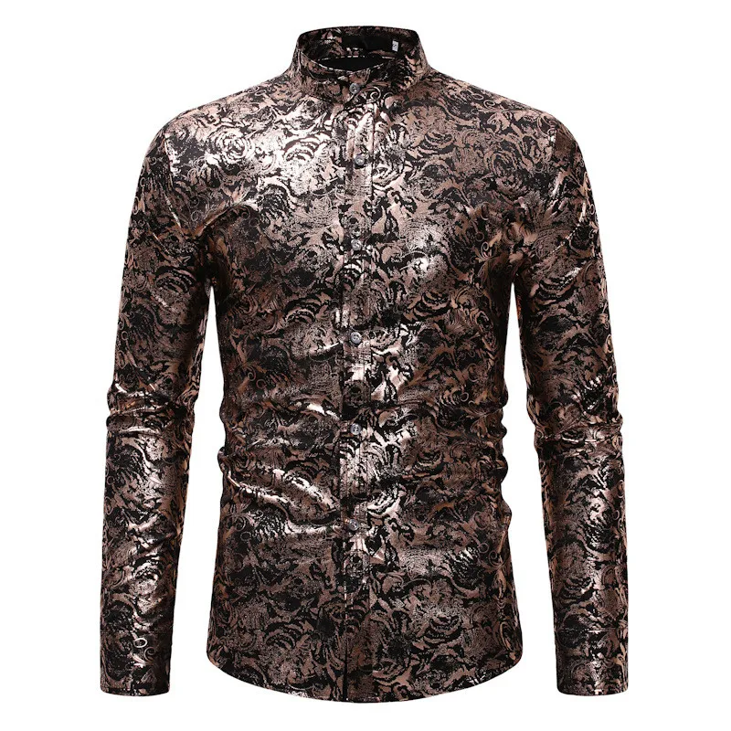 

2021 new long-sleeved casual shirt men's exaggerated style bronzing fashion shirt screenshots dress formal party men's shirt