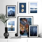 Горы, море, луна, тигр, листья, парусник, настенная живопись, холст, скандинавские постеры и принты, настенные картинки для декора гостиной