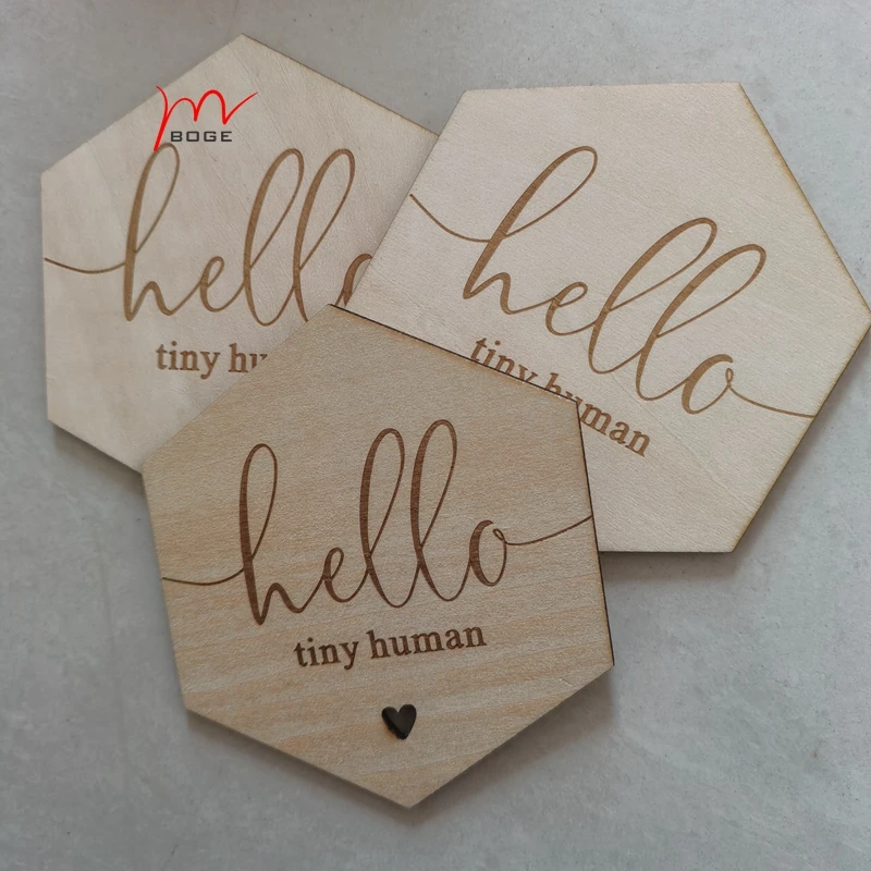20 Uds. Hello Tiny disco de madera humano, anuncio de beb&eacute;, tarjeta hexagonal de llegada de beb&eacute;-3