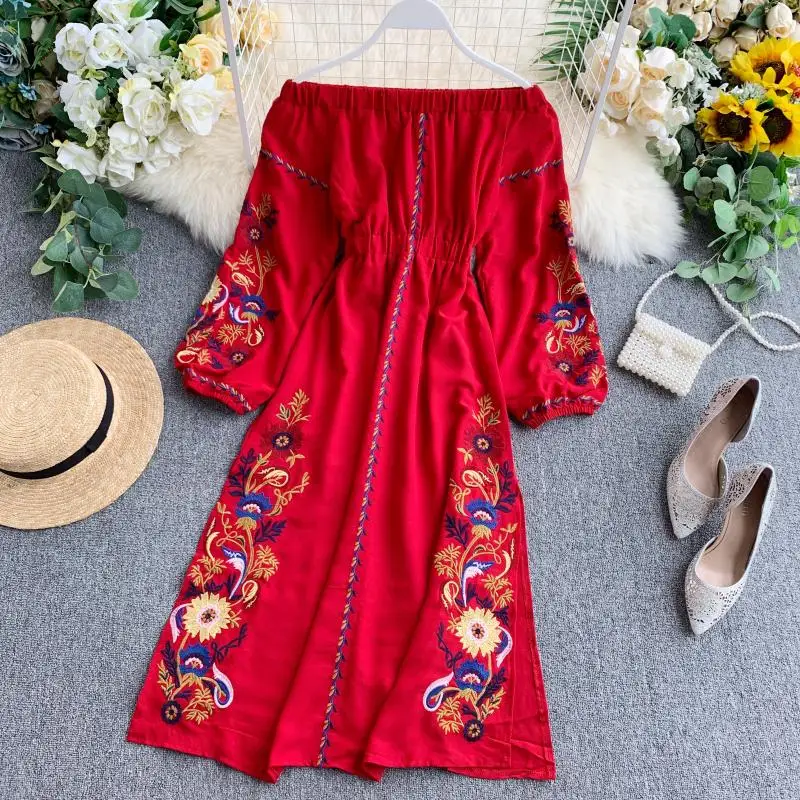 Женское богемное платье с длинным рукавом открытыми плечами и разрезом | Женская