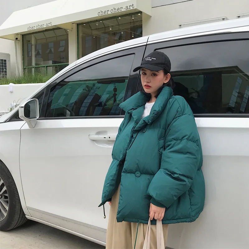 

Korean Style 2020 Winter Jacket Women Stand Collar Solid Black White Female Coat Loose Oversized Womens Short Parka