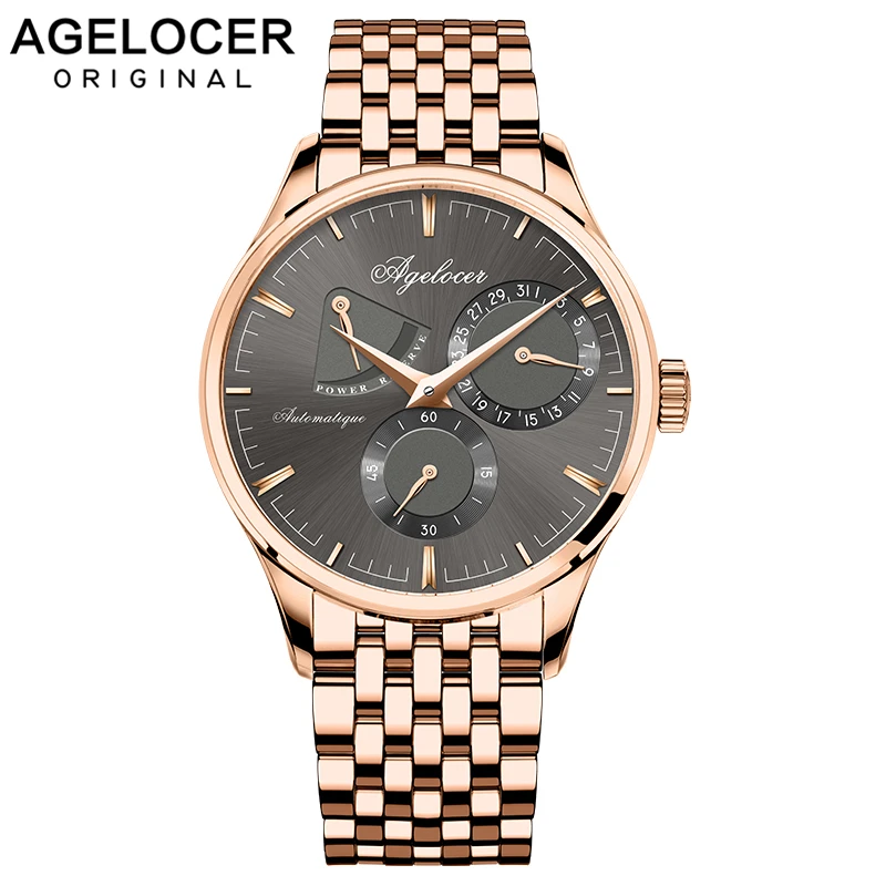 AGELOCER механические часы розовое золото 316L сталь запас мощности