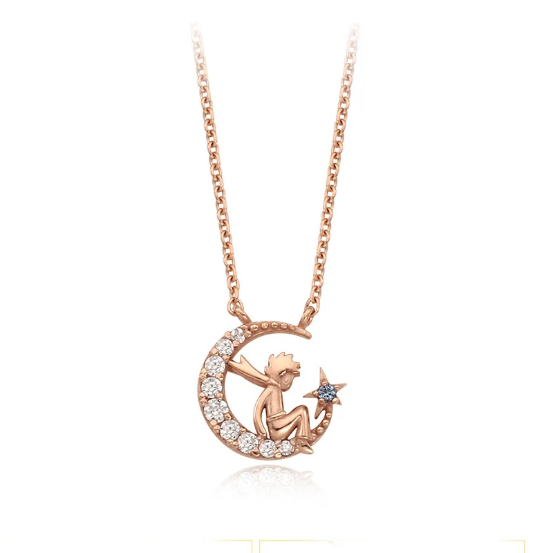 Rose Gold Prince Herwish, Маленький принц, ожерелье с подвеской, 925 пробы, серебряное, блестящее, с рисунком циркония, розовое звено, цепочка, ожерелье, Женские Ювелирные изделия - Окраска металла: Rose Gold Prince
