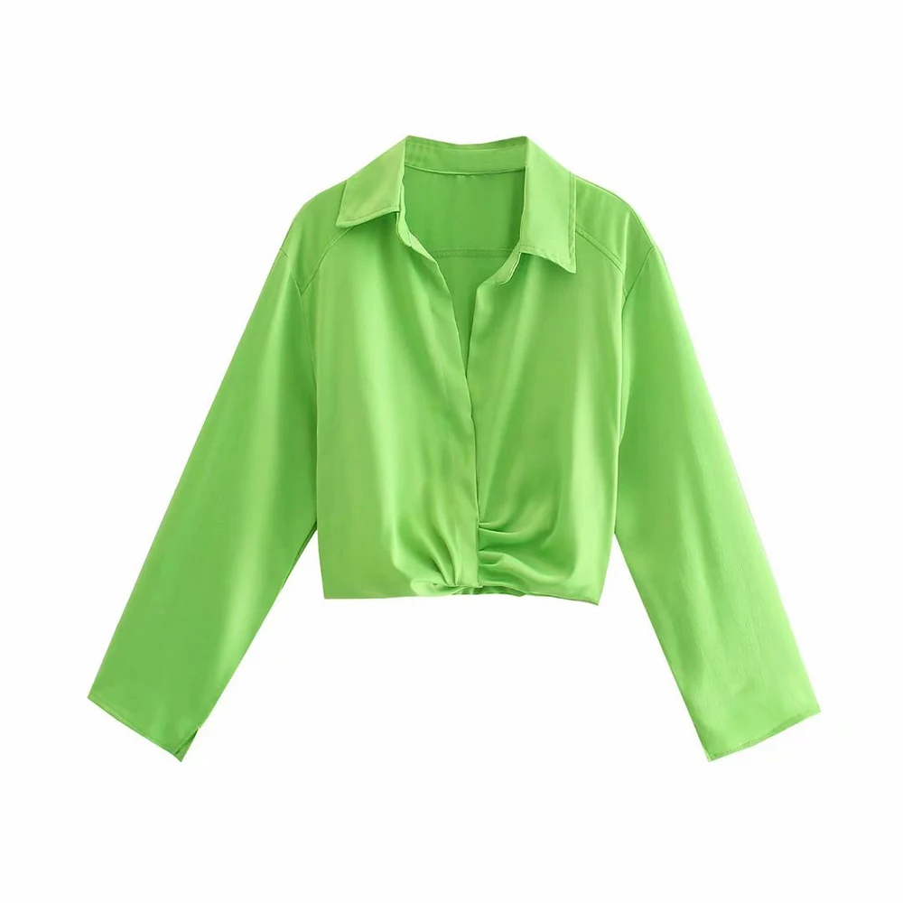 

Women 2021 New Fashion green Pleated decoration short Blouses Vintage Long Sleeve lapel Female Shirts Blusas Chic Tops