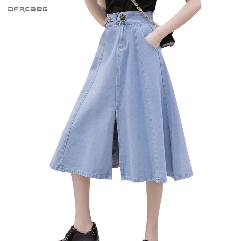 Синий Высокая уличная Женская длинная джинсовая юбка с коротким и широким