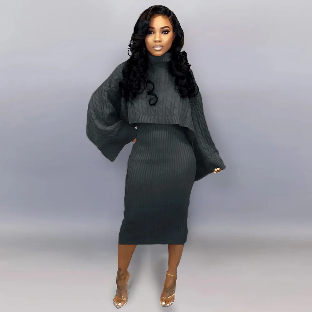 Autumn Winter Knitted Sweater Two Piece Set Turtleneck Long Sleeve Loose Crop Top+ Bandage Midi Tank Dress Plus Size Tracksuit
