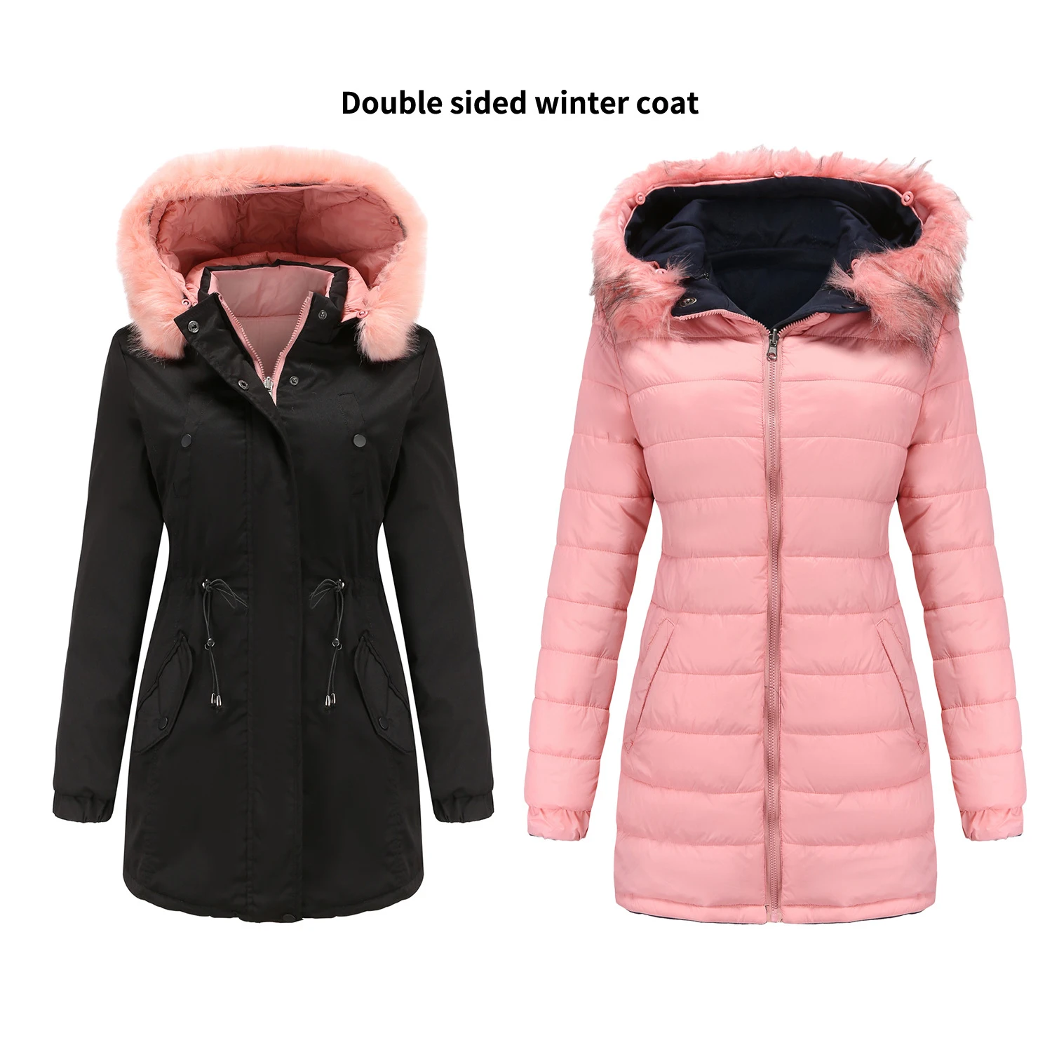 

Зимние женские парки с хлопковой подкладкой, куртка с капюшоном и меховым воротником, теплое пальто на шнурке, двусторонняя Женская Повседневная Верхняя одежда