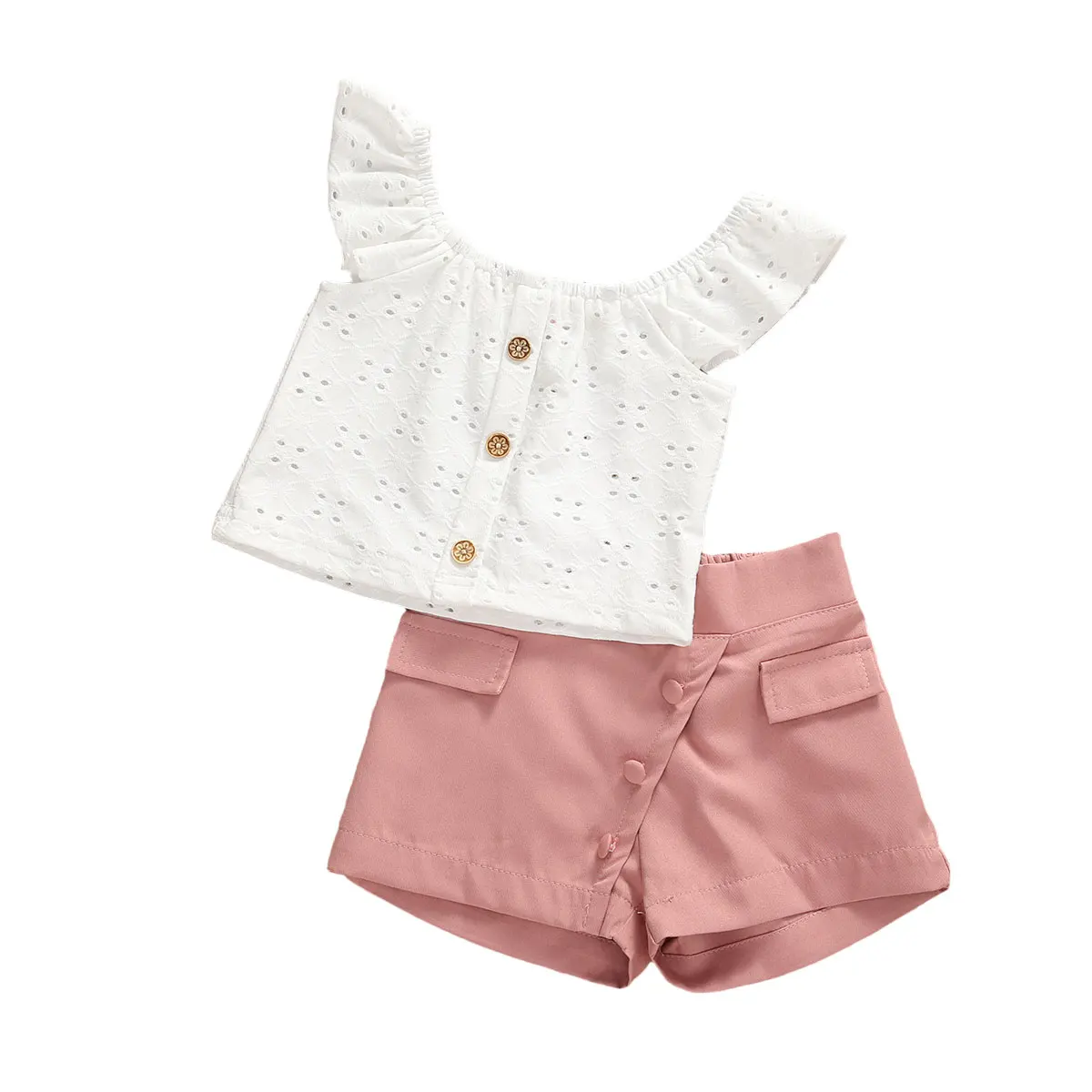 Летние комплекты одежды для маленьких девочек белые футболки с рукавами рюшами