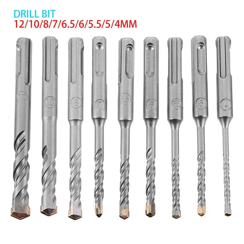 

9pcs 4-12mm SDS Double Flutes S4 Electric Hammer Drill Bits Concrete Wall Brick Block Hole Drill Saw Electrical Tool Part