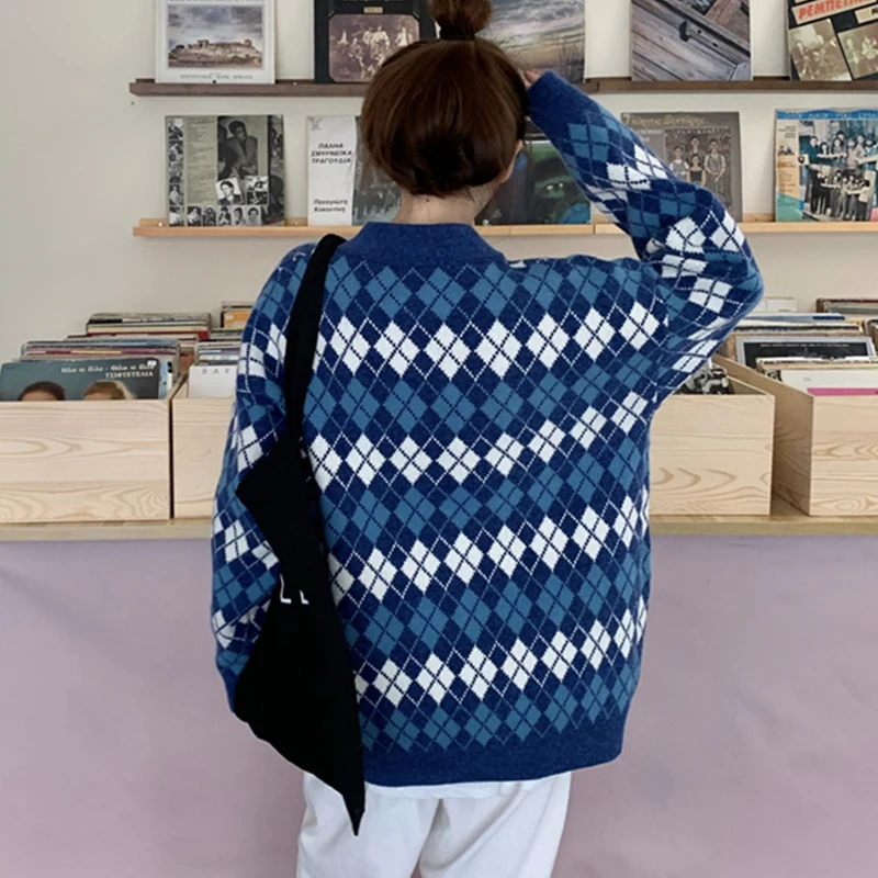 

Oversized Cardigan Women Autumn Winter Vintage Argyle Plaid Print Button Long Sleeve Cardigan Sweater Female Knit Jacket