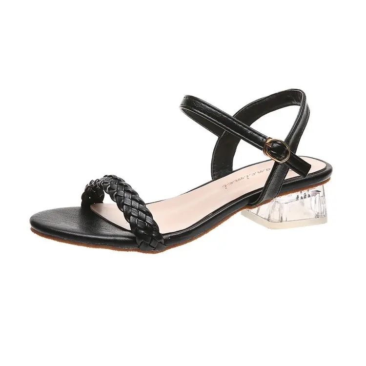 

2021 Summer Large Size Rhinestone Sandals Med Female Shoe Breathable Block Heels All-Match Big Medium Girls Comfort Chunky New