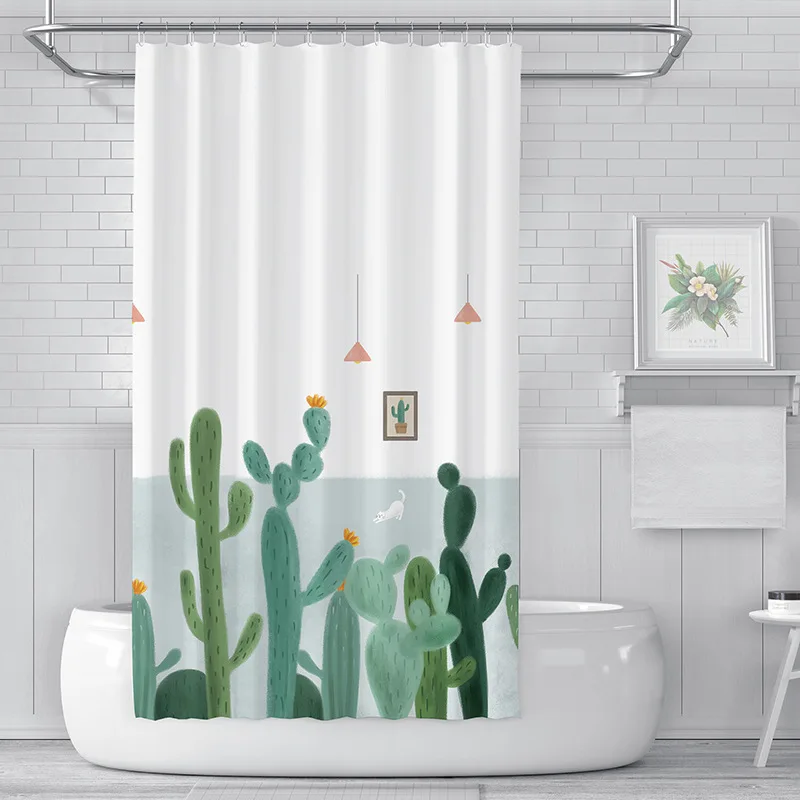 

3D Tropical Green Plant Theme Shower Curtain Bathroom Cactus Flower Blossom Bath Curtain Durable Waterproof Fabric Bathtub Decor